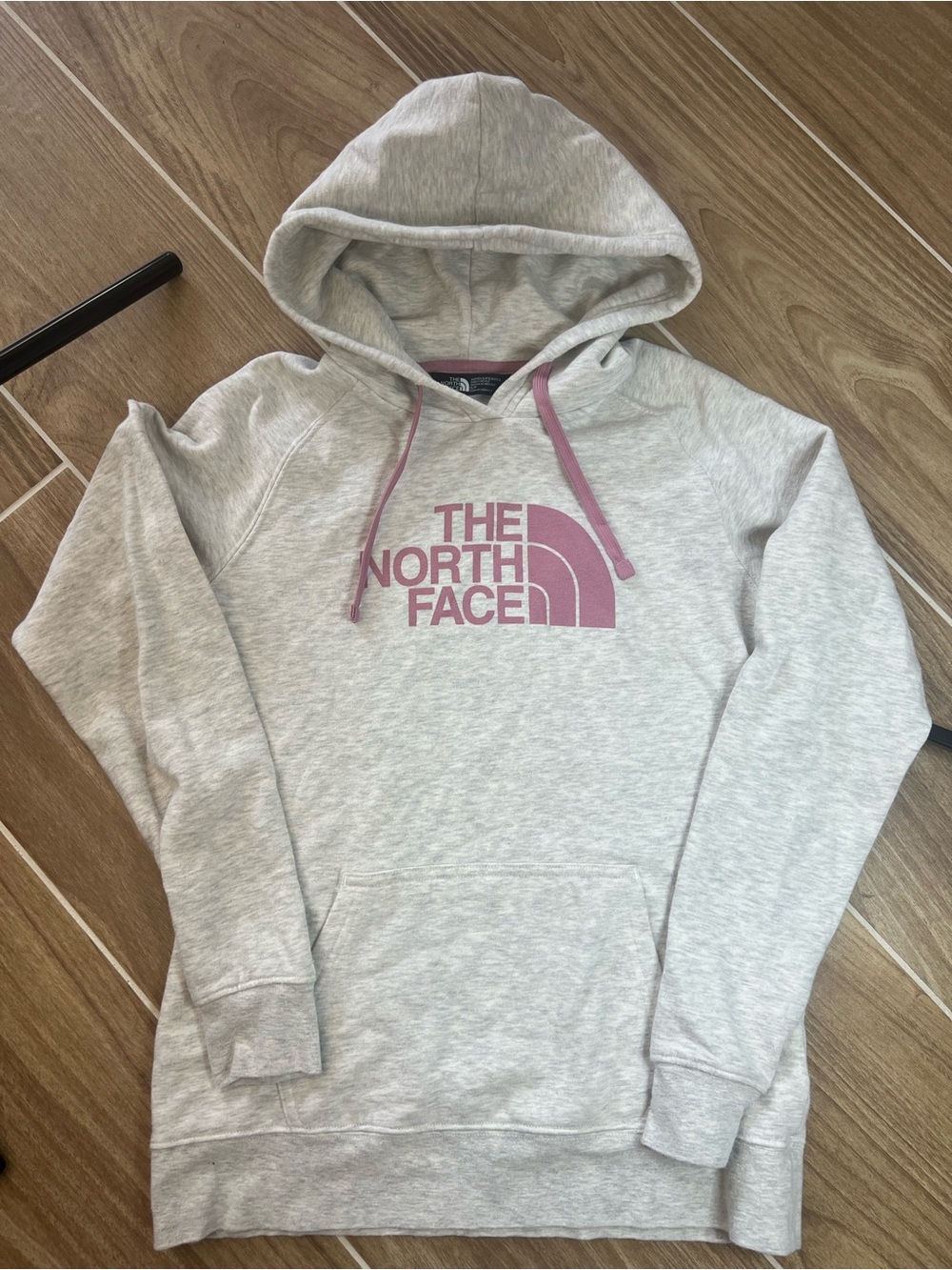 The North Face Heather Gray Hoodie with Mauve Logo and Drawstrings